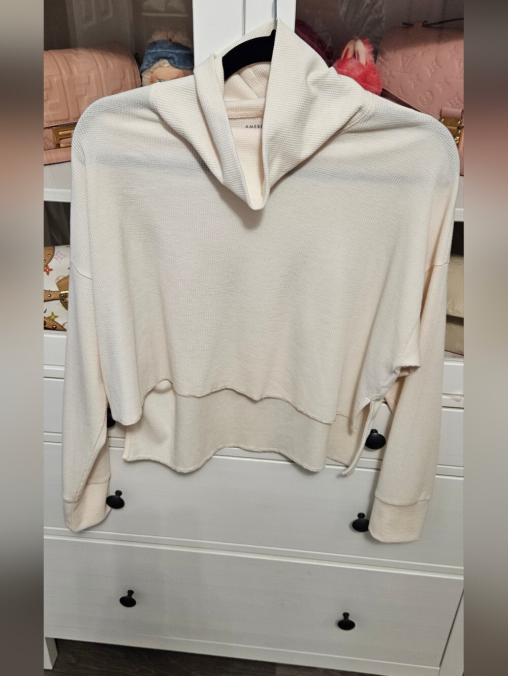 American Eagle Waffle Knit Hooded Top - Cream